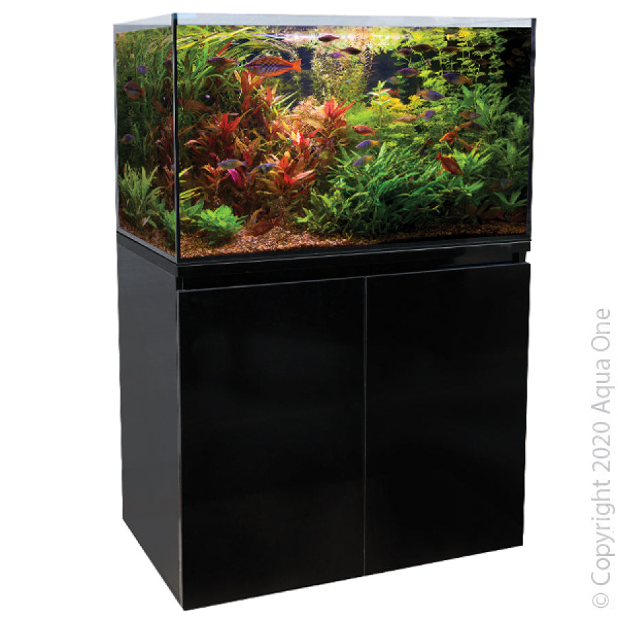 Aquarium with fish and plants inside a black cabinet, brand 'Aqua One' visible.