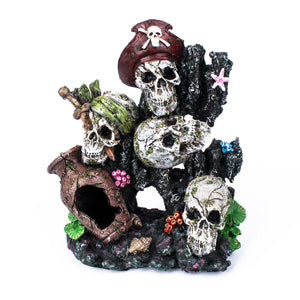 AquaWorld Pirate Skulls On Rock - Fish Tank Decorations 