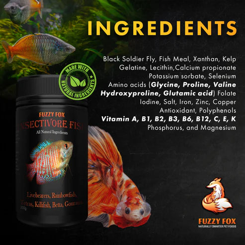Fuzzy Fox Sectivore Fish food packaging with ingredients list and fish images on a dark background