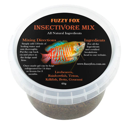 Fuzzy Fox Insectivore Mix container with fish illustration and text on a white background