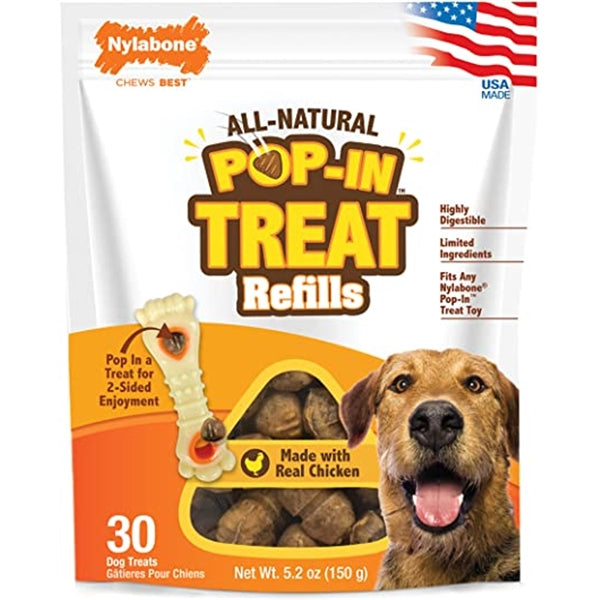 Nylabone all-natural pop-in treat refills packaging with a dog on the label.