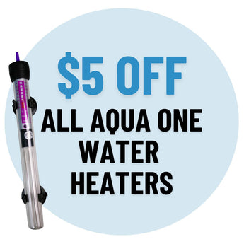 Promotional graphic for $5 off all Aqua One water heaters with a water heater image.
