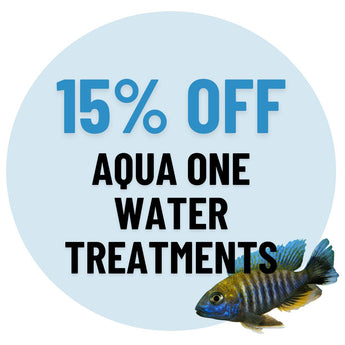 Promotional graphic for 15% off Aqua One water treatments with a fish illustration.