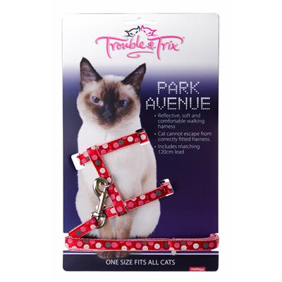 Trouble And Trix Cat Harness And Lead Parke Avenue Circle Red - Cat Tethering 