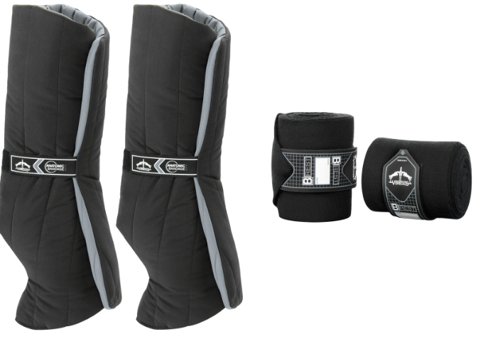 Set of black protective leg wraps with gray accents on a white background