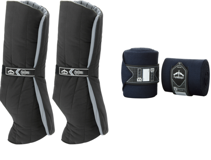 Black protective leg wraps with gray accents on a white background