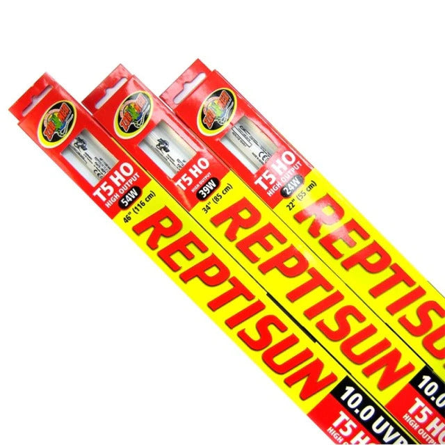 Three packages of Reptisun T5 HO reptile lighting tubes on a white background