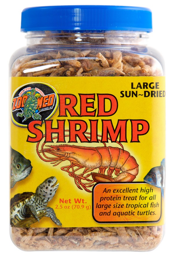 Jar of Zoo Med Red Shrimp with a blue lid on a white background