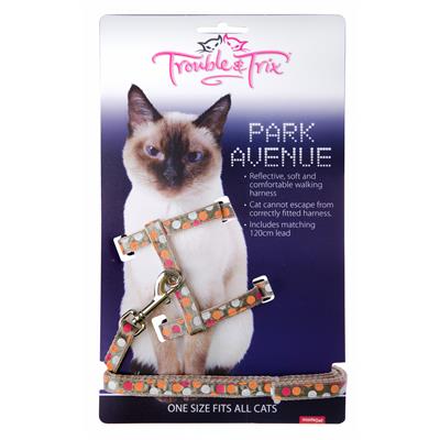 Trouble And Trix Cat Harness And Lead Parke Avenue Circle Beige