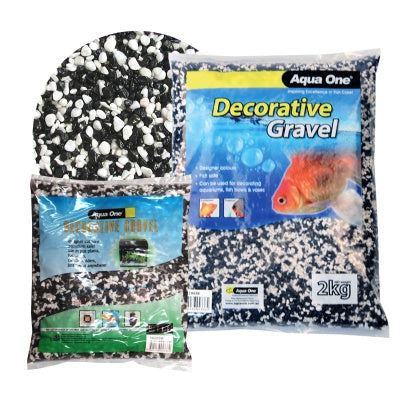 Aqua One Mixed White & Black Gravel 2KG - Fish Tank Decorations 