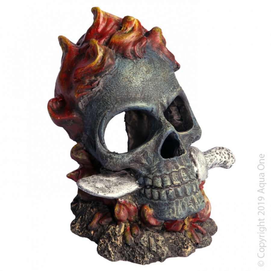 Aqua One Skull With Fire And Knife - Fish Tank Decorations 