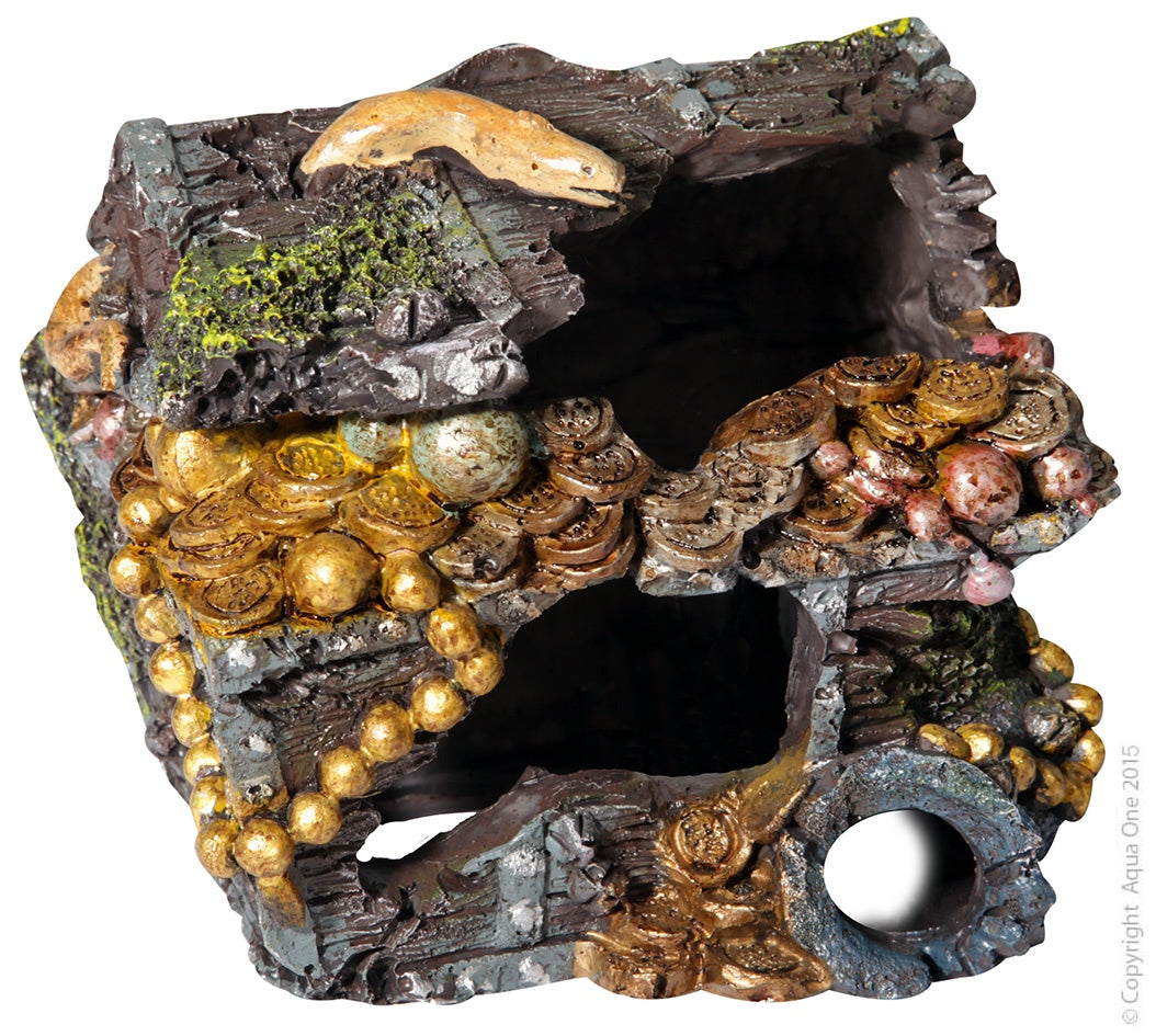 Aqua One Treasure Chest With Coins & Eel - Fish Tank Decorations 