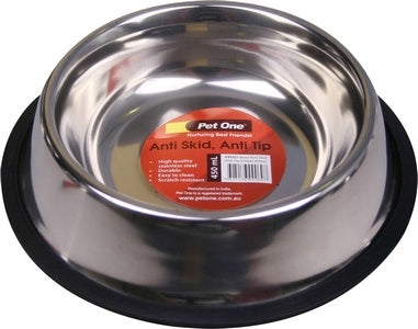 Pet One Bowl Anti Skid/Anti Tip Stainless Steel 450ml dog bowl