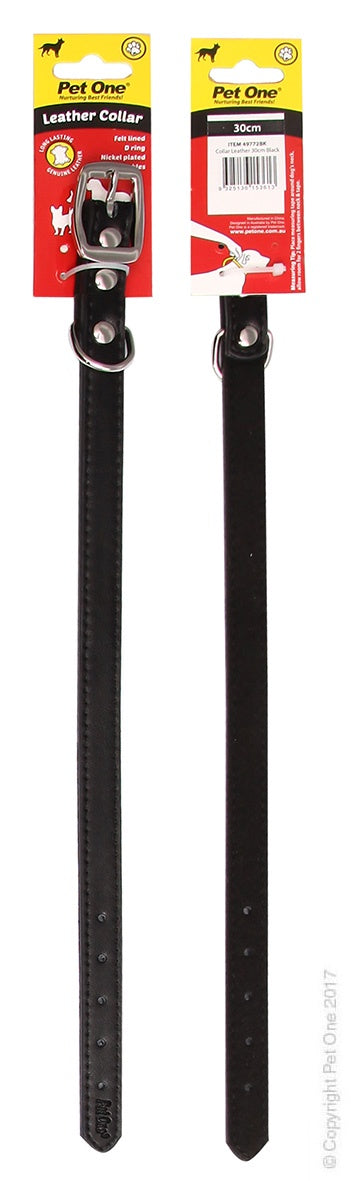 Pet One Dog Collar Leather Black - Dog Collars, Leashes & Harnesses 