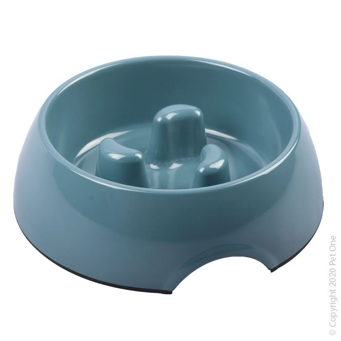 Pet One Melamine Slow Down Feeder Round Blue Stone 140ml - Dog Bowls & Feeding Accessories 